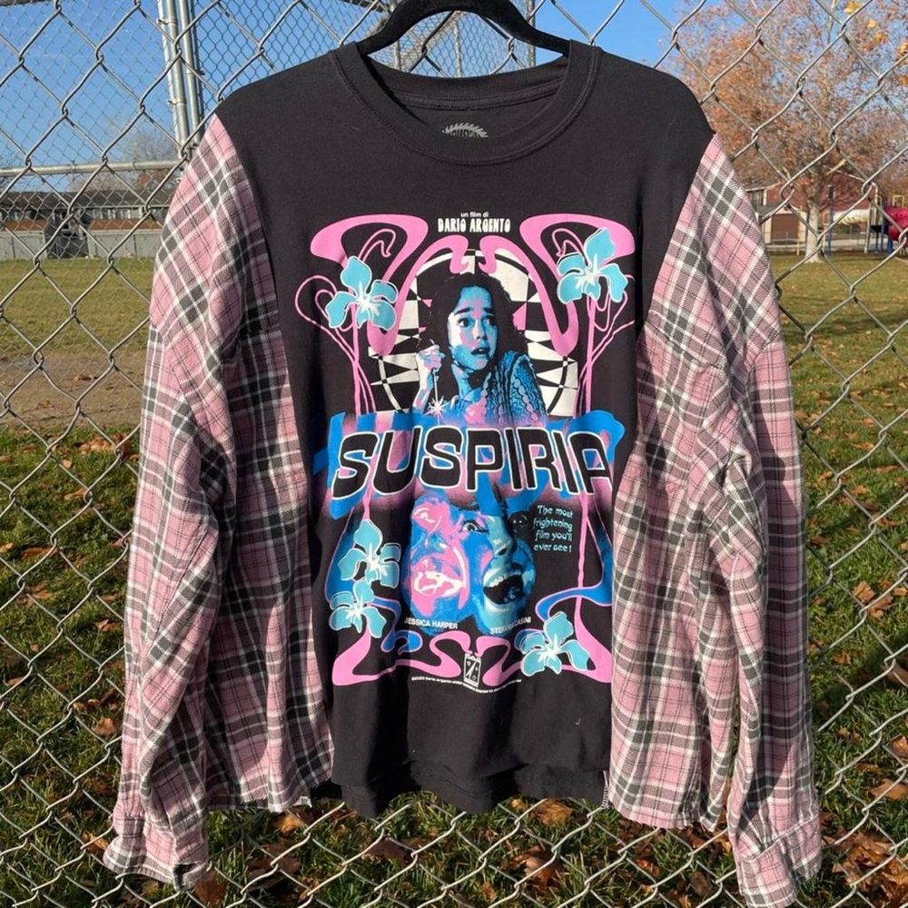 Suspiria 70s Horror Movie Tee Reworked with Pink and Grey Slouchy Flannel Shirt